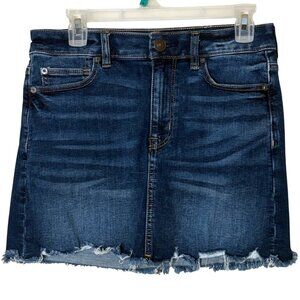 American Eagle Hi-Rise Denim Mini Skirt Size 6 Y2K Frayed Hem Stretch Dark Wash